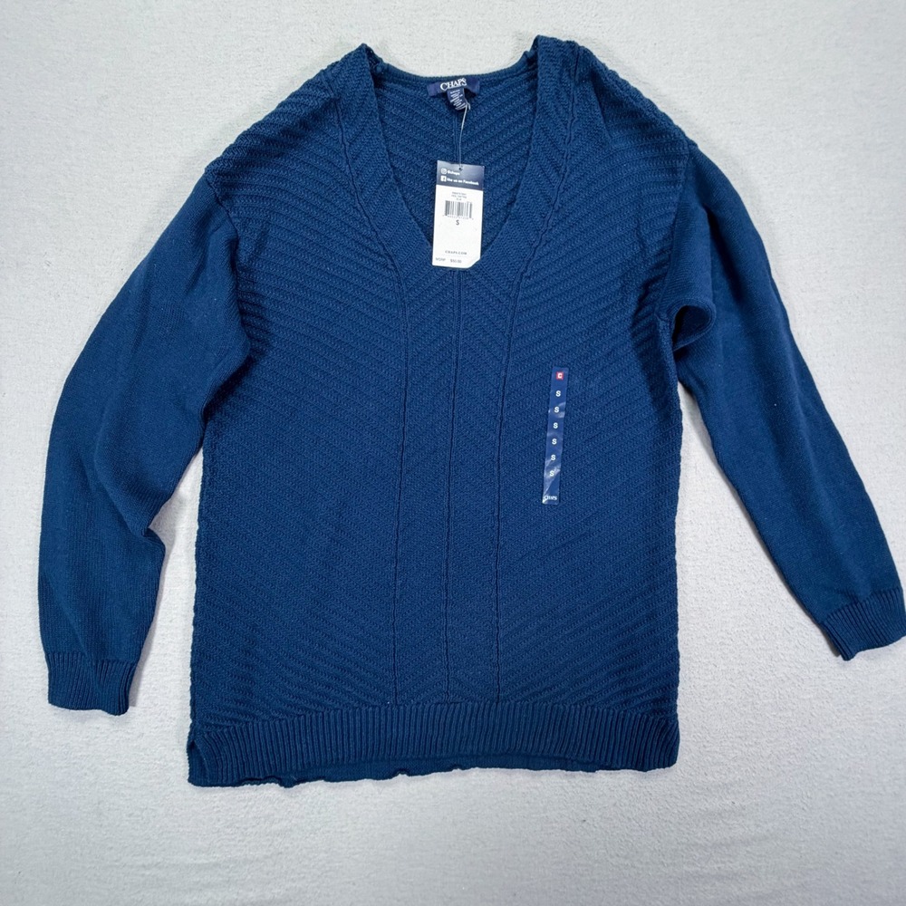 Chaps V-Neck Sweater Mens S Blue NWT Textured Chevron Cotton Pullover